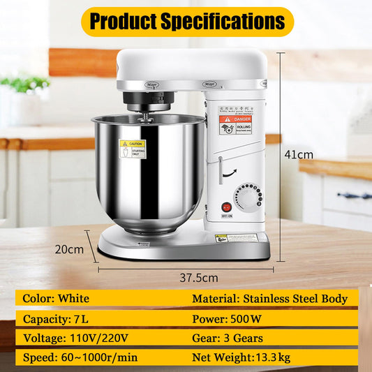 Commercial 5L/7L/10L stand mixer, 3 speed electric dough mixer for bread, cake and bakery use, white 7L