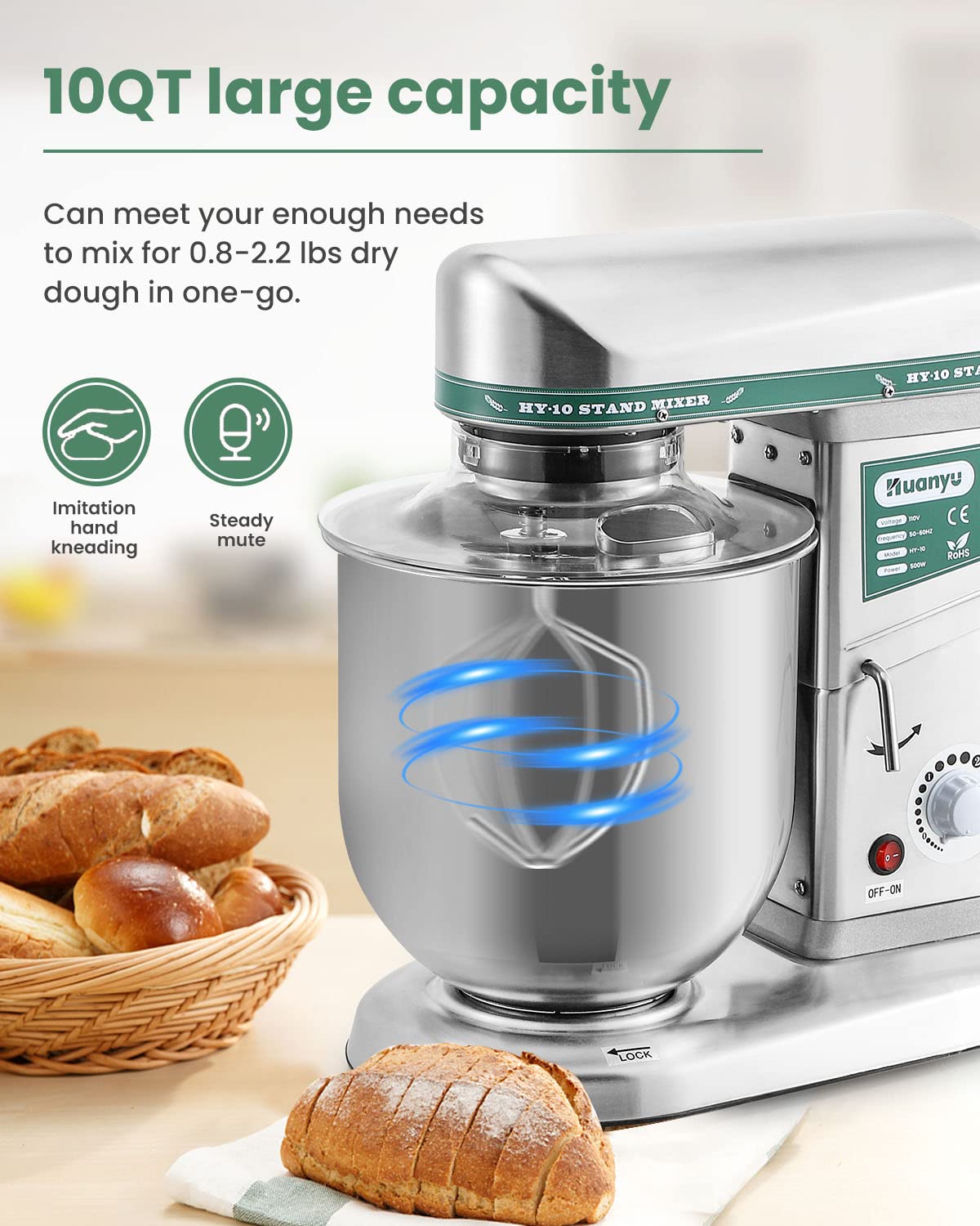 Huanyu 10QT commercial stand mixer, 500W dough mixer with stainless bowl, 3-in-1 food mixing machine