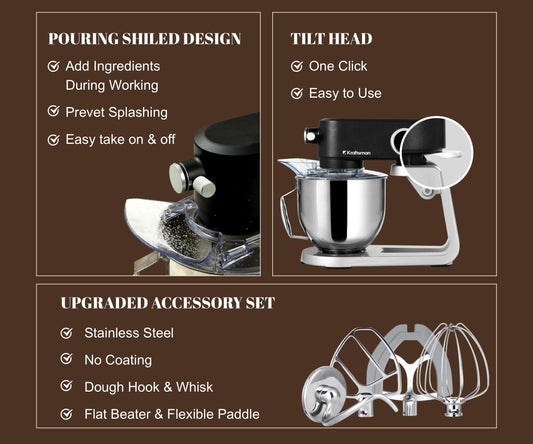 Kraftsman 5.3QT heavy duty stand mixer, all-metal design, 8 speeds, DC motor, low noise, with attachments and timer