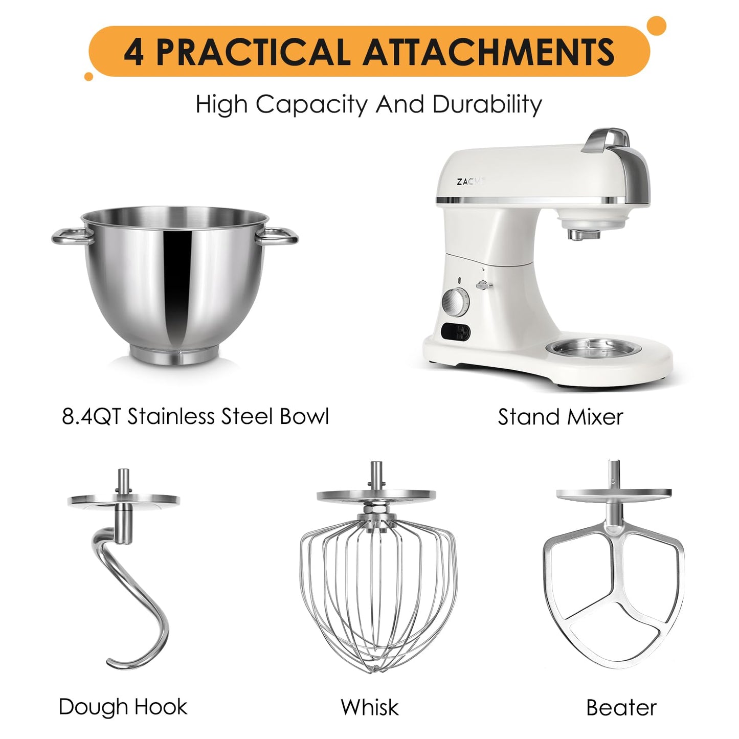 ZACME 8.4QT commercial stand mixer, 800W, NSF certified, stainless steel bowl with dough hook, whisk and beater