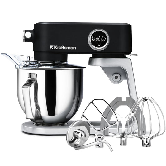 Kraftsman 5.3QT heavy duty stand mixer, all-metal design, 8 speeds, DC motor, low noise, with attachments and timer