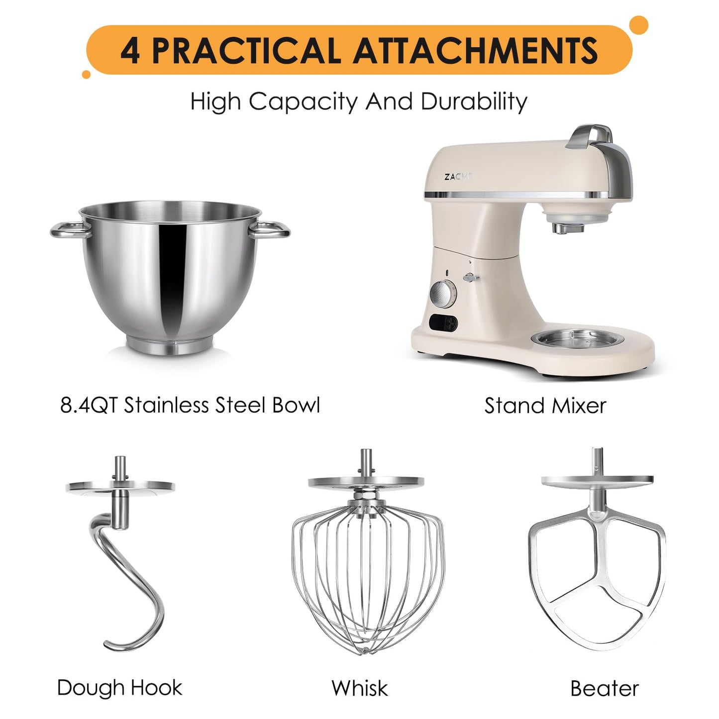 8.4QT commercial stand mixer, 800W, aluminum die-cast, NSF certified, stainless bowl with attachments