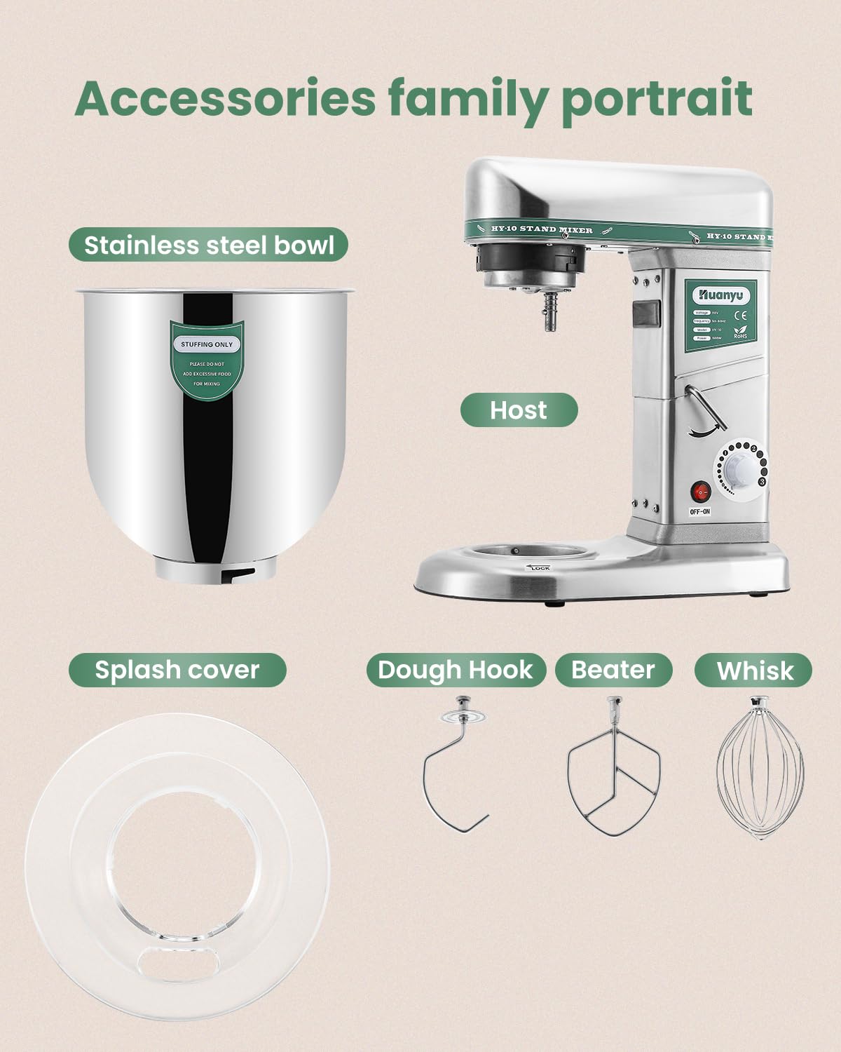 Huanyu 10QT commercial stand mixer, 500W dough mixer with stainless bowl, 3-in-1 food mixing machine