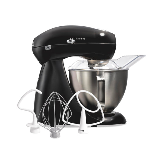 Hamilton Beach 4.5QT stand mixer, 12 speeds, stainless bowl, includes beater, whisk, dough hook and pour shield, black finish