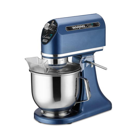 Waring commercial 7QT planetary stand mixer, tilt-head design, stainless bowl, 1/2 HP industrial mixer, blue