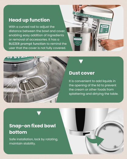 Huanyu 10QT commercial stand mixer, 500W dough mixer with stainless bowl, 3-in-1 food mixing machine