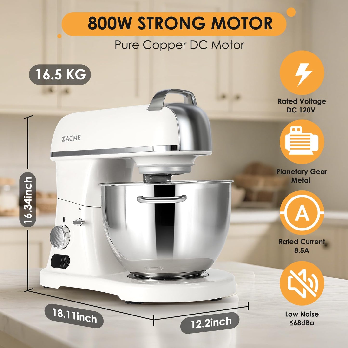 ZACME 8.4QT commercial stand mixer, 800W, NSF certified, stainless steel bowl with dough hook, whisk and beater