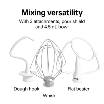 Hamilton Beach 4.5QT stand mixer, 12 speeds, stainless bowl, includes beater, whisk, dough hook and pour shield, black finish