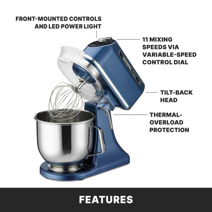 Waring commercial 7QT planetary stand mixer, tilt-head design, stainless bowl, 1/2 HP industrial mixer, blue