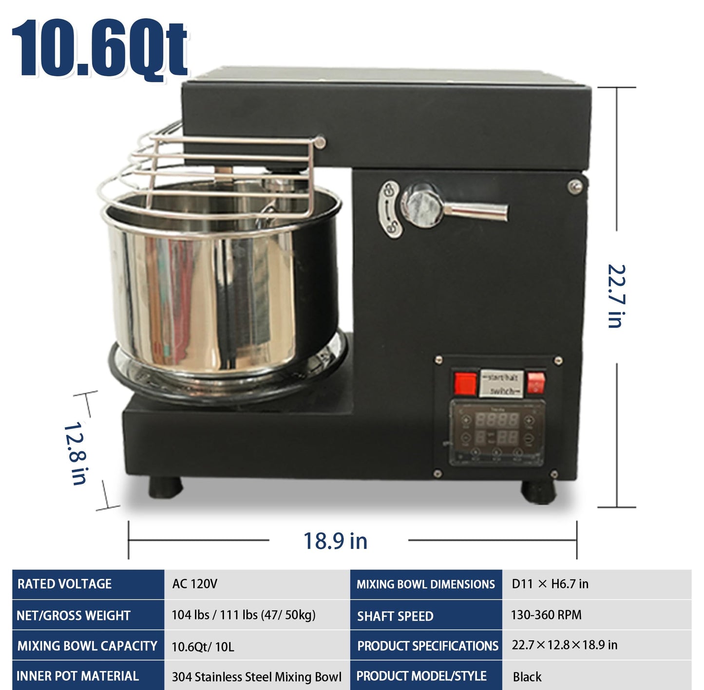 USAJZM 10.6QT commercial dough mixer, heavy-duty stand mixer with stainless bowl for bread, pizza and baking