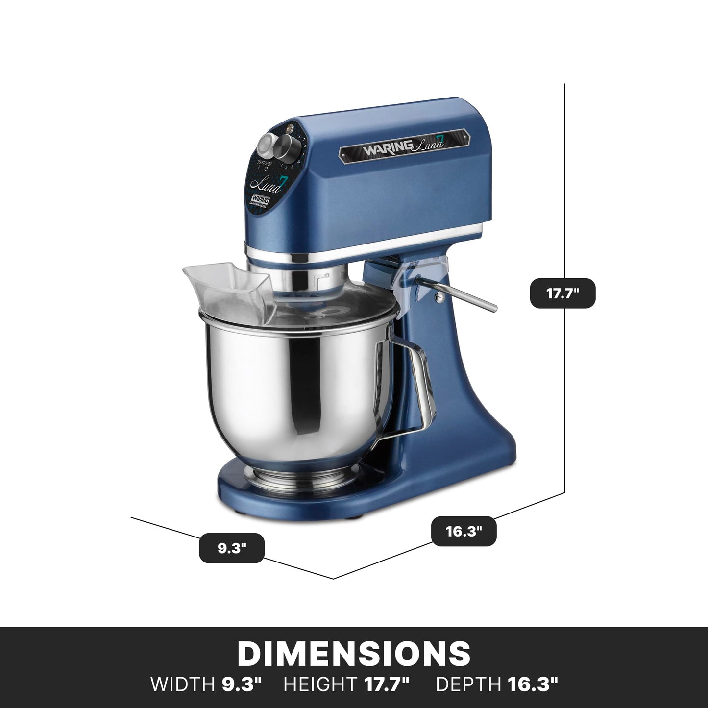 Waring commercial 7QT planetary stand mixer, tilt-head design, stainless bowl, 1/2 HP industrial mixer, blue