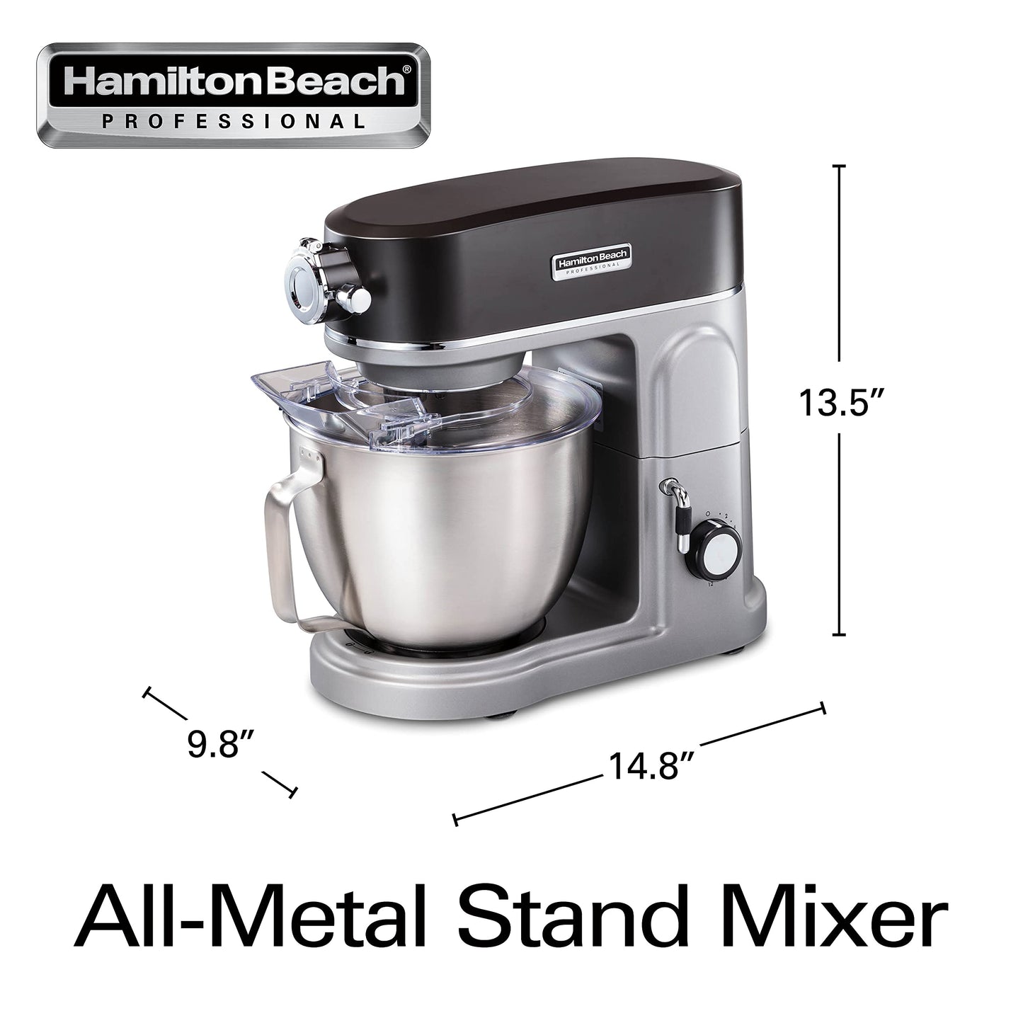 Hamilton Beach Professional 5QT all-metal stand mixer, 12 speeds, attachment hub, includes beater, dough hook and whisk