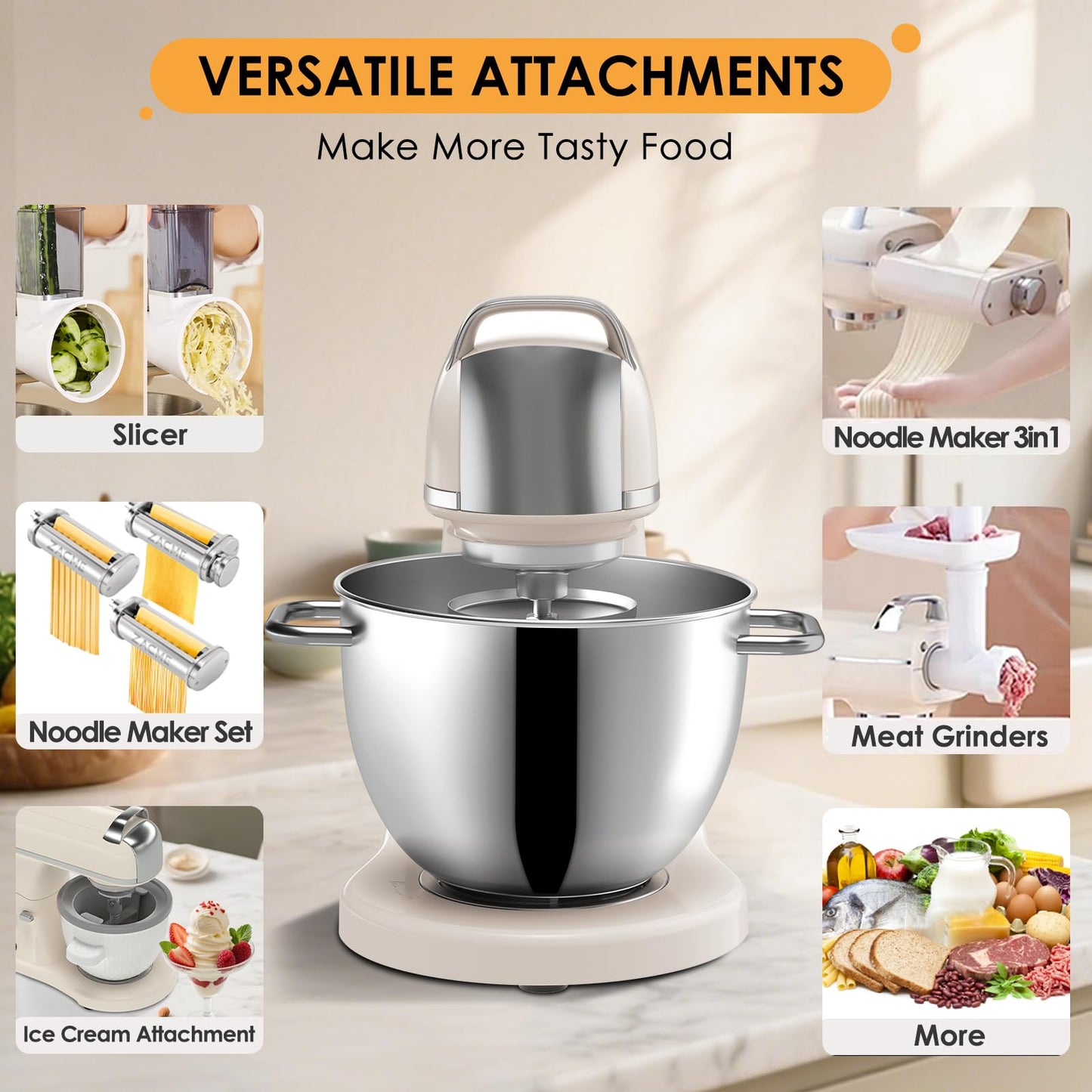 8.4QT commercial stand mixer, 800W, aluminum die-cast, NSF certified, stainless bowl with attachments
