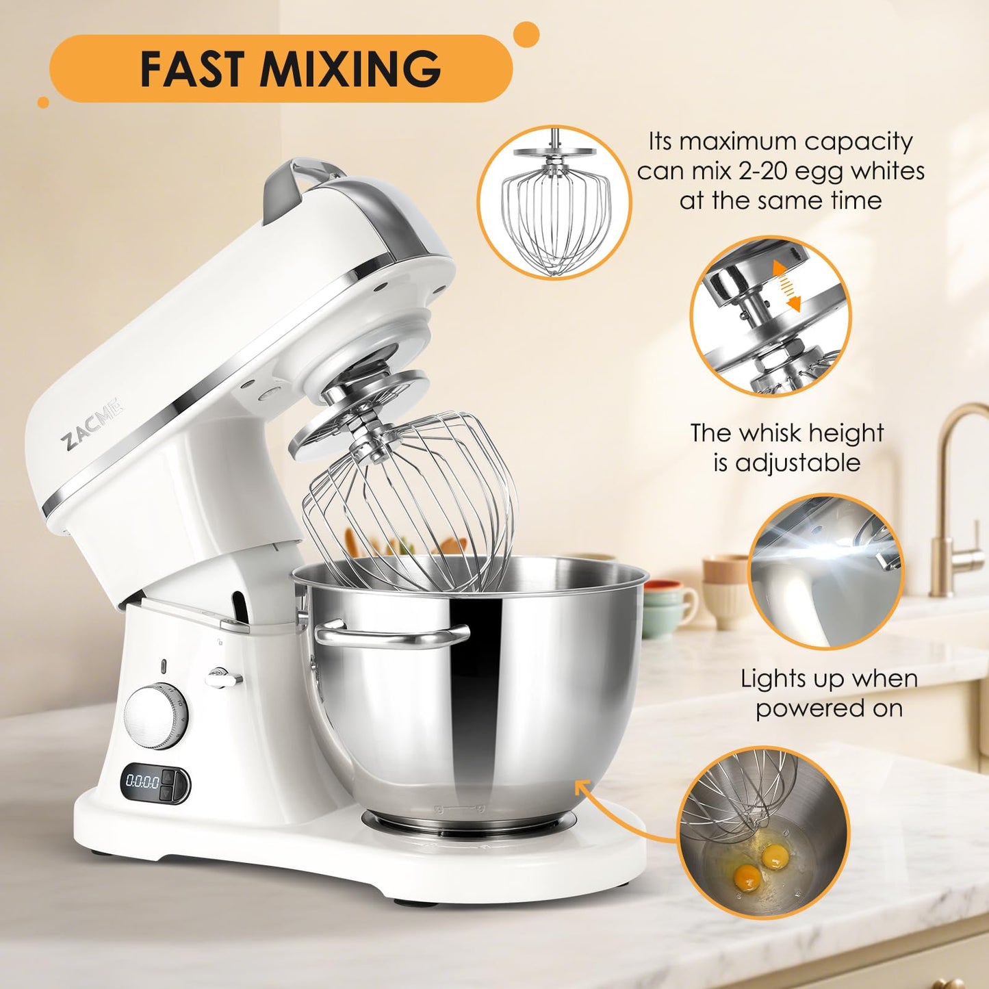 ZACME 8.4QT commercial stand mixer, 800W, NSF certified, stainless steel bowl with dough hook, whisk and beater