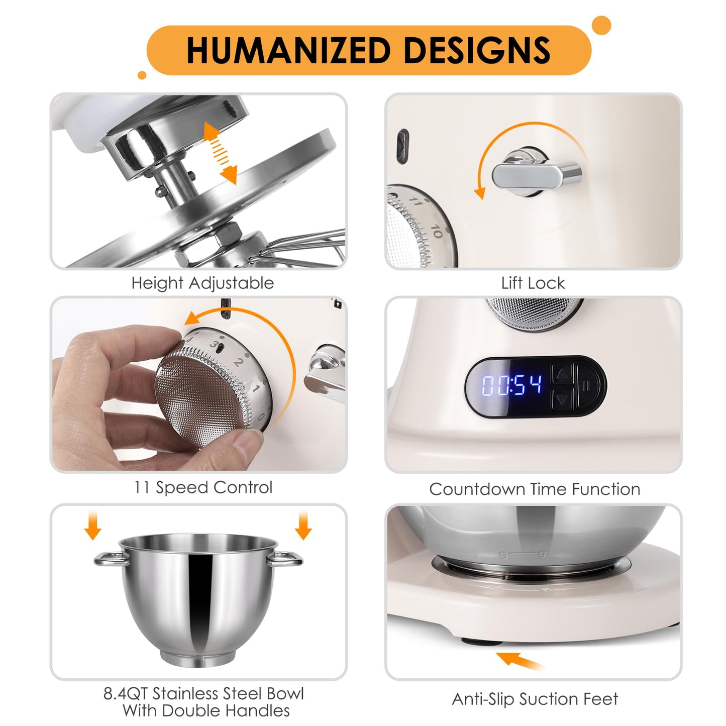 8.4QT commercial stand mixer, 800W, aluminum die-cast, NSF certified, stainless bowl with attachments
