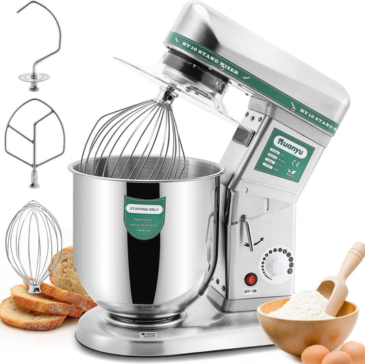 Huanyu 10QT commercial stand mixer, 500W dough mixer with stainless bowl, 3-in-1 food mixing machine
