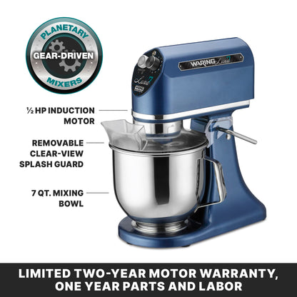 Waring commercial 7QT planetary stand mixer, tilt-head design, stainless bowl, 1/2 HP industrial mixer, blue