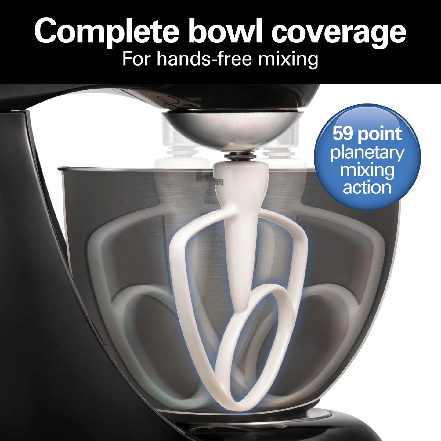 Hamilton Beach 4.5QT stand mixer, 12 speeds, stainless bowl, includes beater, whisk, dough hook and pour shield, black finish