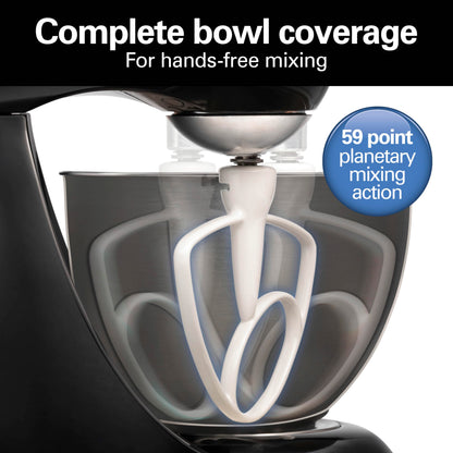 Hamilton Beach 4.5QT stand mixer, 12 speeds, stainless bowl, includes beater, whisk, dough hook and pour shield, black finish