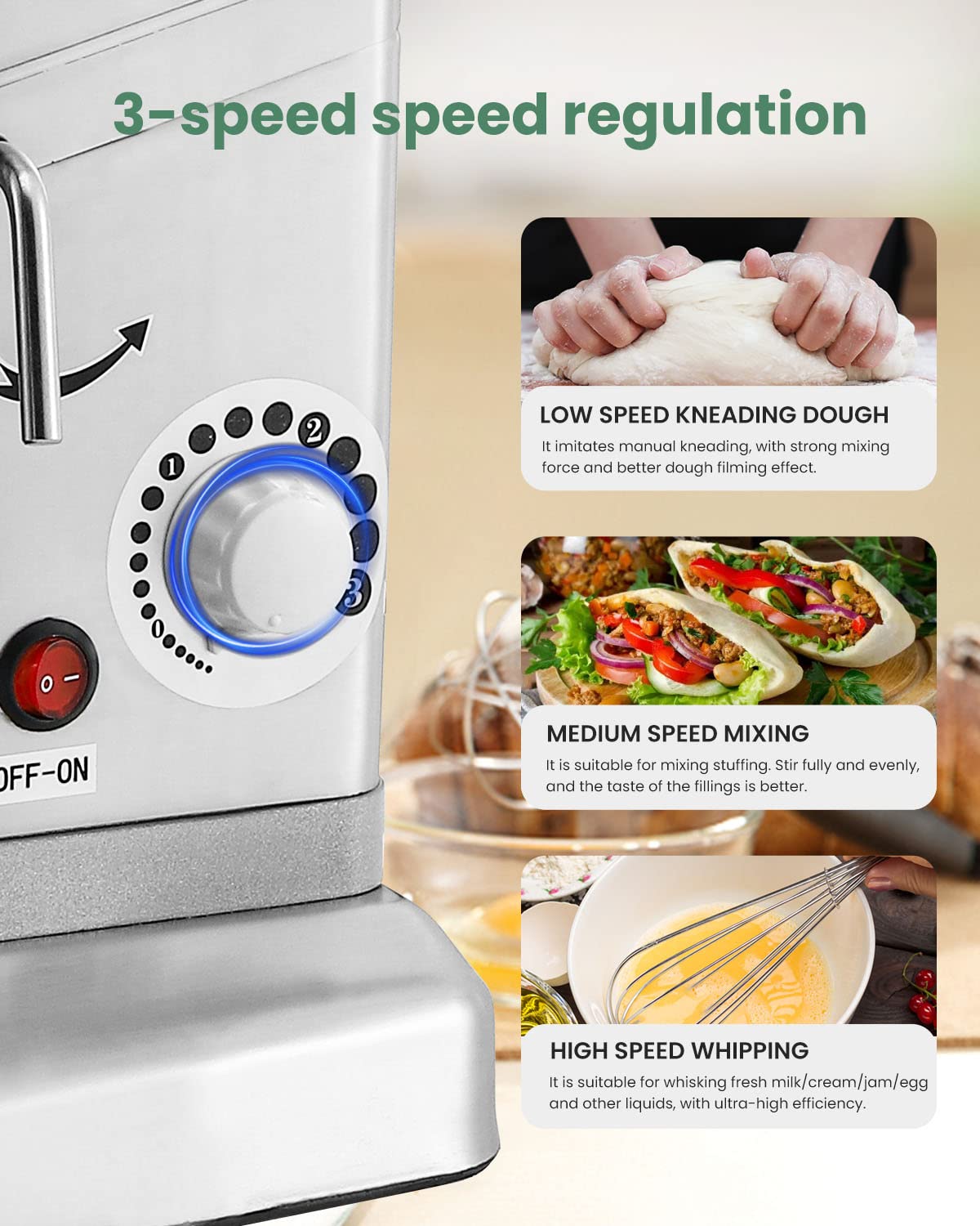 Huanyu 10QT commercial stand mixer, 500W dough mixer with stainless bowl, 3-in-1 food mixing machine