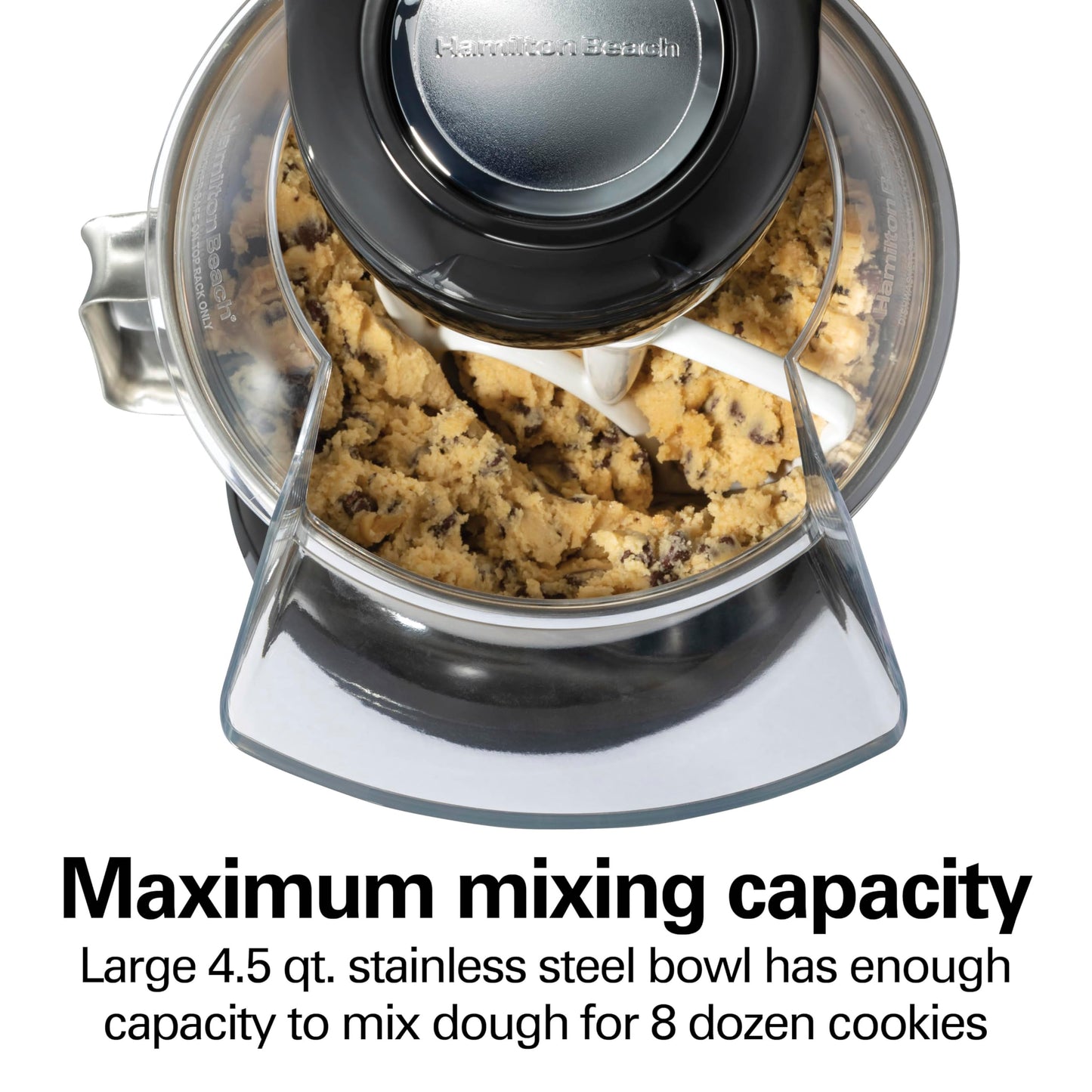 Hamilton Beach 4.5QT stand mixer, 12 speeds, stainless bowl, includes beater, whisk, dough hook and pour shield, black finish