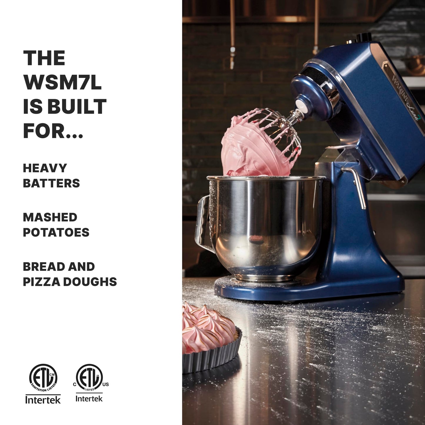 Waring commercial 7QT planetary stand mixer, tilt-head design, stainless bowl, 1/2 HP industrial mixer, blue