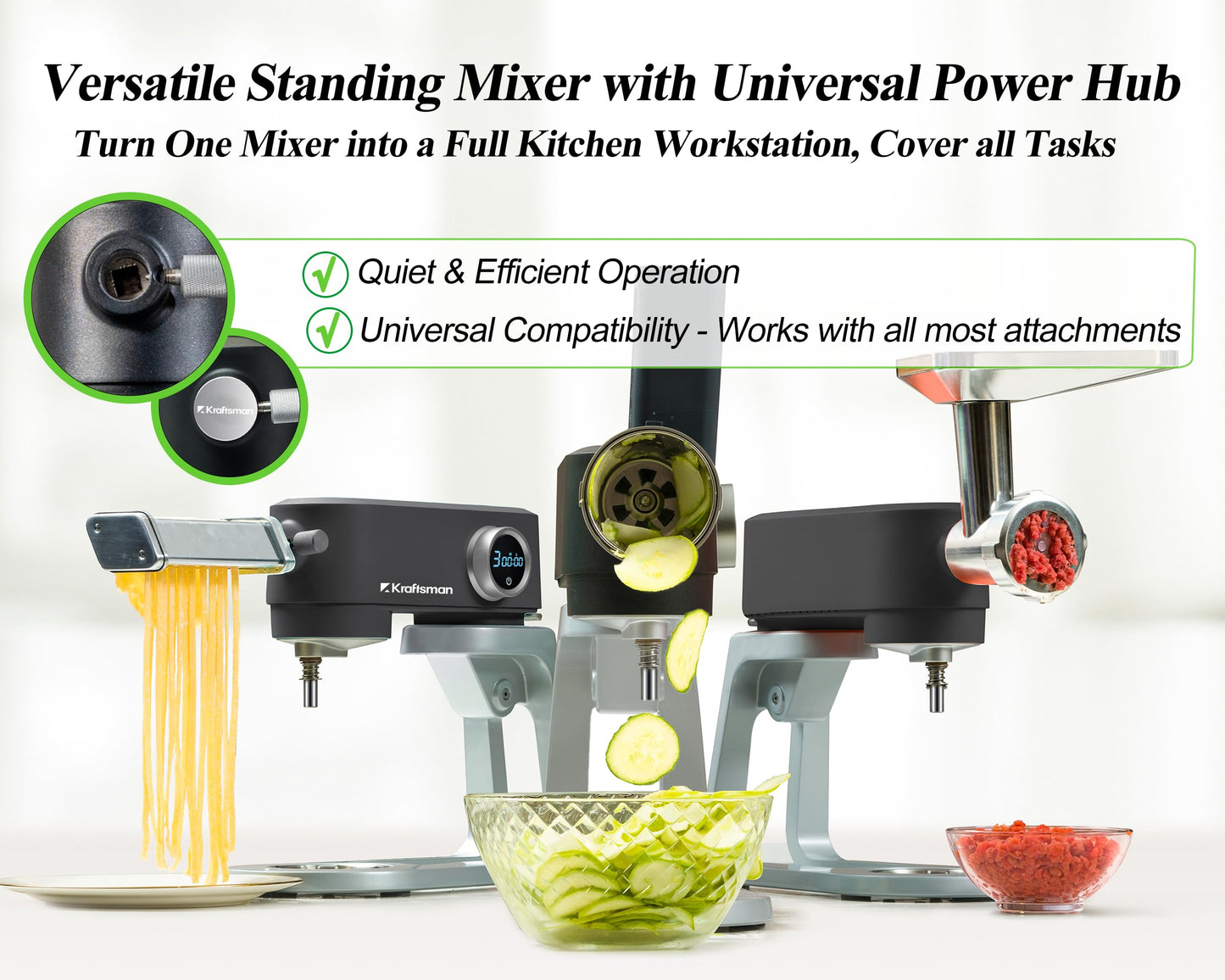 Kraftsman 5.3QT heavy duty stand mixer, all-metal design, 8 speeds, DC motor, low noise, with attachments and timer