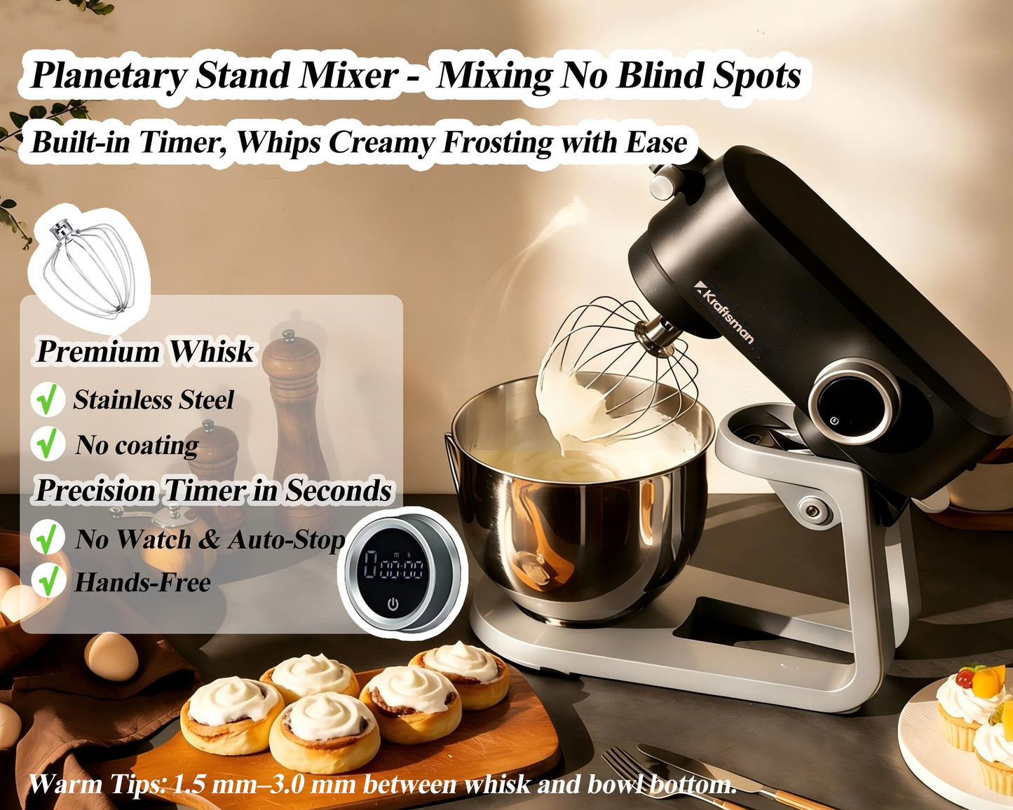 Kraftsman 5.3QT heavy duty stand mixer, all-metal design, 8 speeds, DC motor, low noise, with attachments and timer