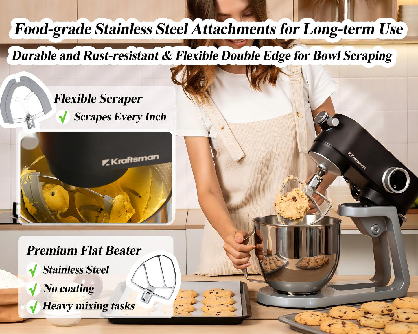 Kraftsman 5.3QT heavy duty stand mixer, all-metal design, 8 speeds, DC motor, low noise, with attachments and timer