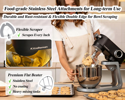 Kraftsman 5.3QT heavy duty stand mixer, all-metal design, 8 speeds, DC motor, low noise, with attachments and timer