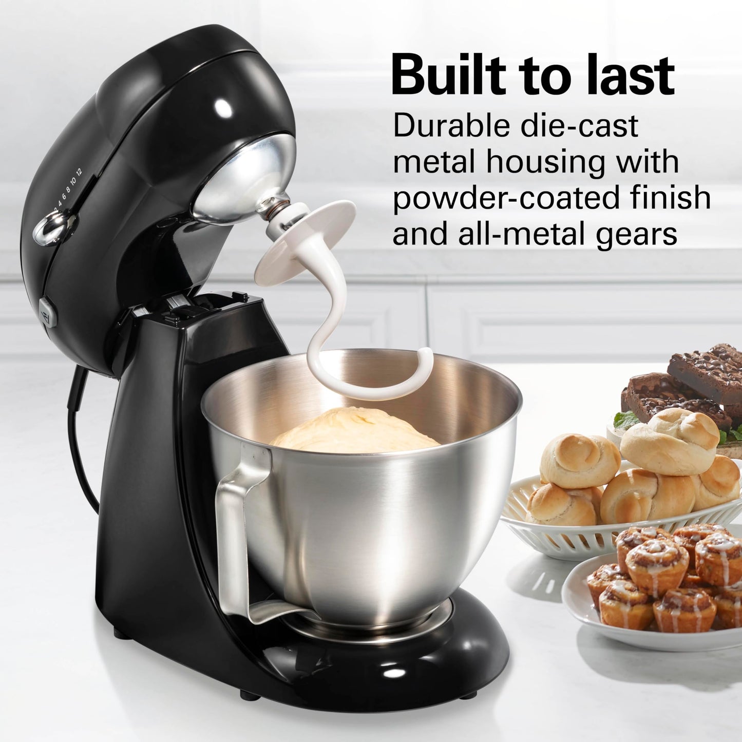 Hamilton Beach 4.5QT stand mixer, 12 speeds, stainless bowl, includes beater, whisk, dough hook and pour shield, black finish