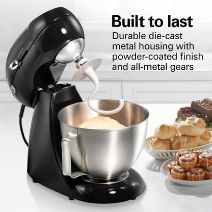Hamilton Beach 4.5QT stand mixer, 12 speeds, stainless bowl, includes beater, whisk, dough hook and pour shield, black finish
