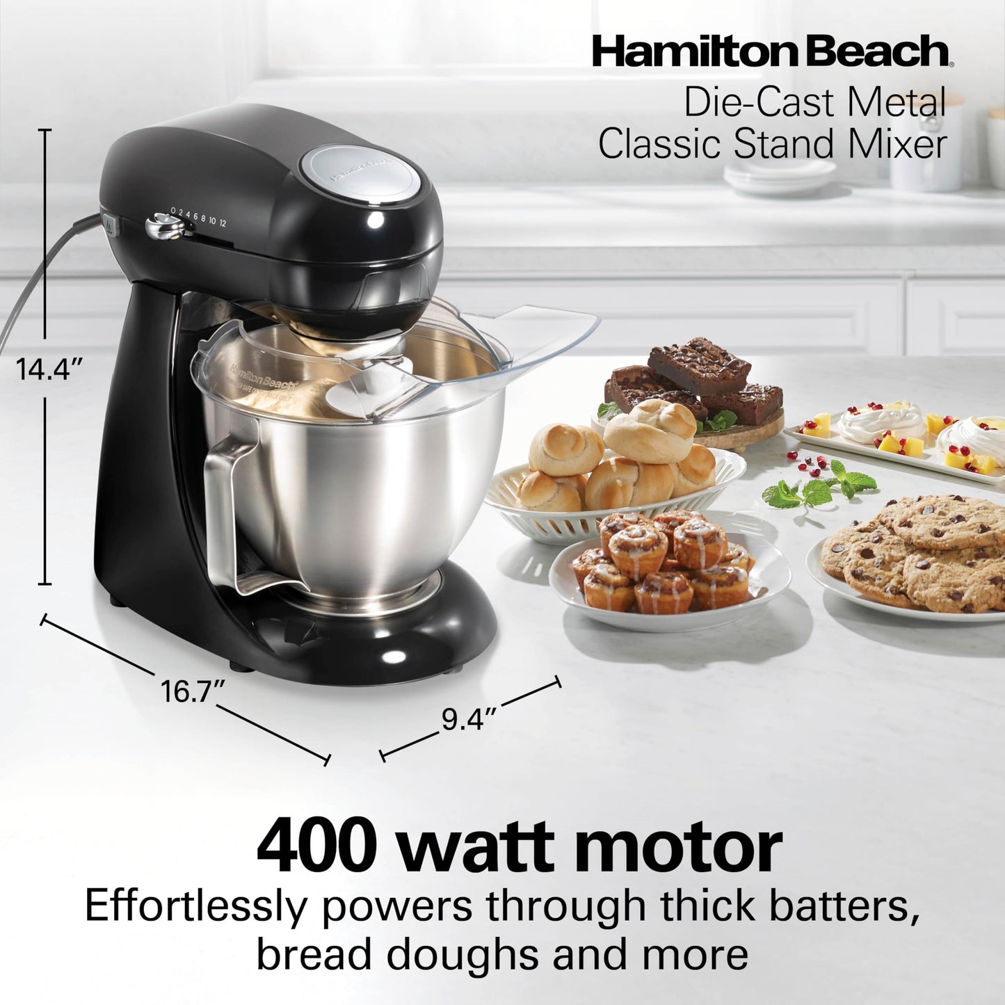 Hamilton Beach 4.5QT stand mixer, 12 speeds, stainless bowl, includes beater, whisk, dough hook and pour shield, black finish