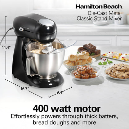 Hamilton Beach 4.5QT stand mixer, 12 speeds, stainless bowl, includes beater, whisk, dough hook and pour shield, black finish