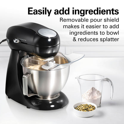 Hamilton Beach 4.5QT stand mixer, 12 speeds, stainless bowl, includes beater, whisk, dough hook and pour shield, black finish