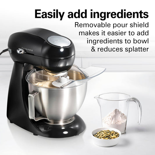 Hamilton Beach 4.5QT stand mixer, 12 speeds, stainless bowl, includes beater, whisk, dough hook and pour shield, black finish