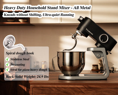 Kraftsman 5.3QT heavy duty stand mixer, all-metal design, 8 speeds, DC motor, low noise, with attachments and timer